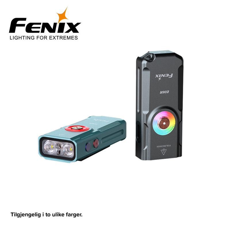 FENIX E06R MINILYKT BLÅGRØNN LED/UV/LASERPEKER 700LM Hendig minilykt med hvitt lys, UV-lys og rød laserpeker!